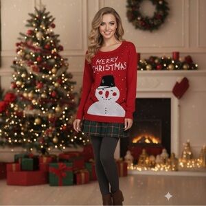 Red Christmas Sweater with Snowman Design